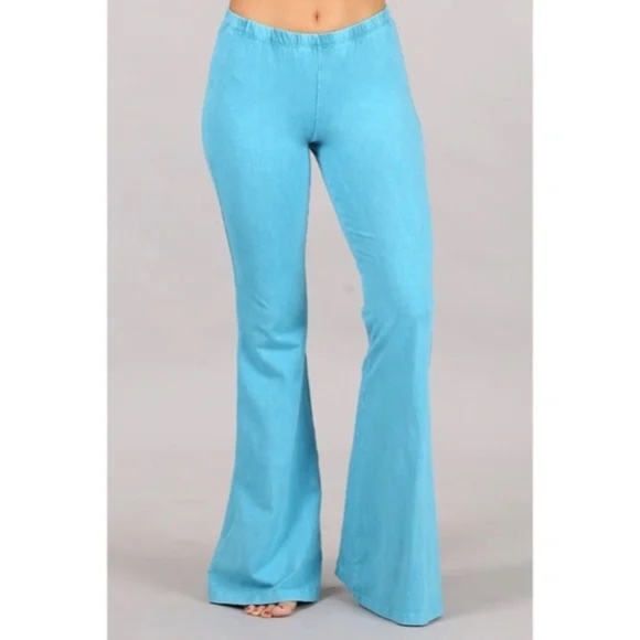 Bright Aqua Blue Boho Mineral Wash Stretch Flared Bell Bottom Casual Pants - Picture 3 of 6